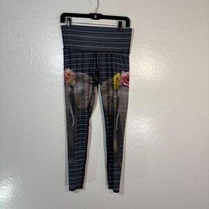 Teeki Leggings Womens Medium Gray Elephant Floral Print High Rise Yoga Pants